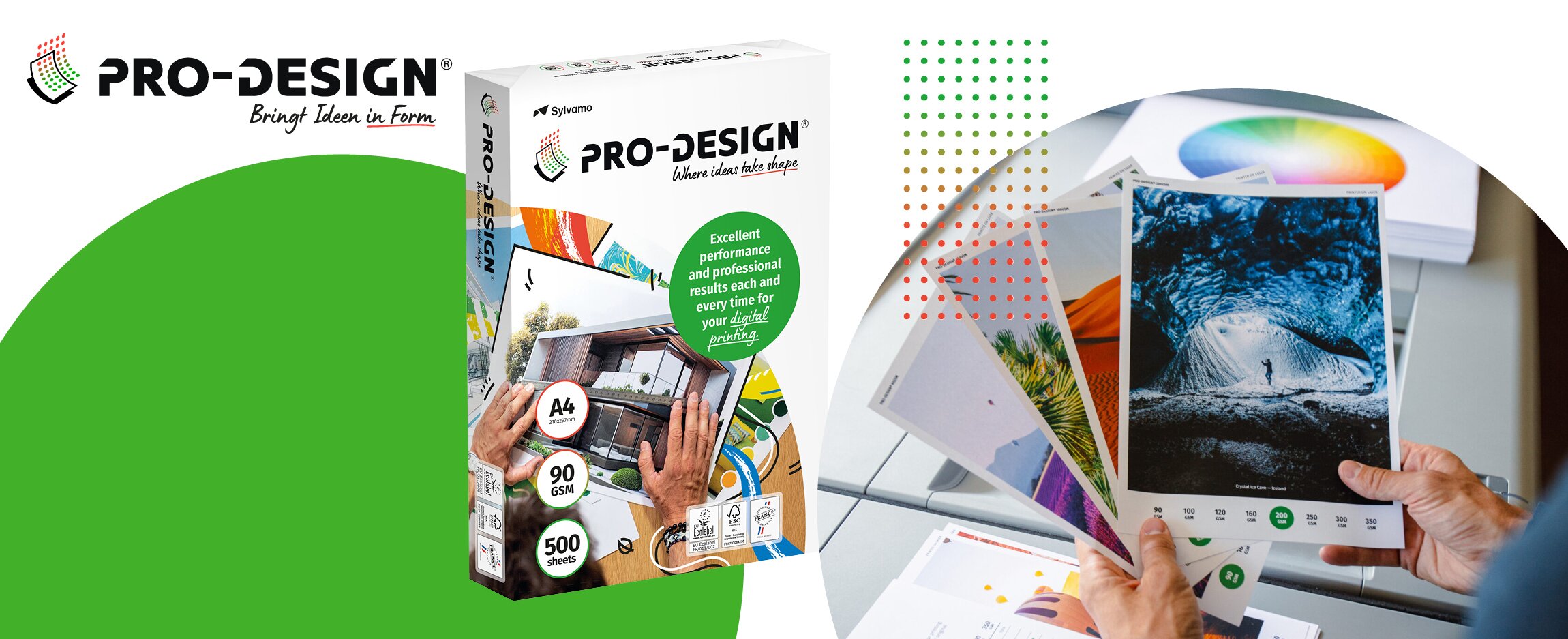 PRO-DESIGN Kopierpapier A4 90 g/m² mit hochwertigen Farbdrucken und dem Slogan „Bringt Ideen in Form“.