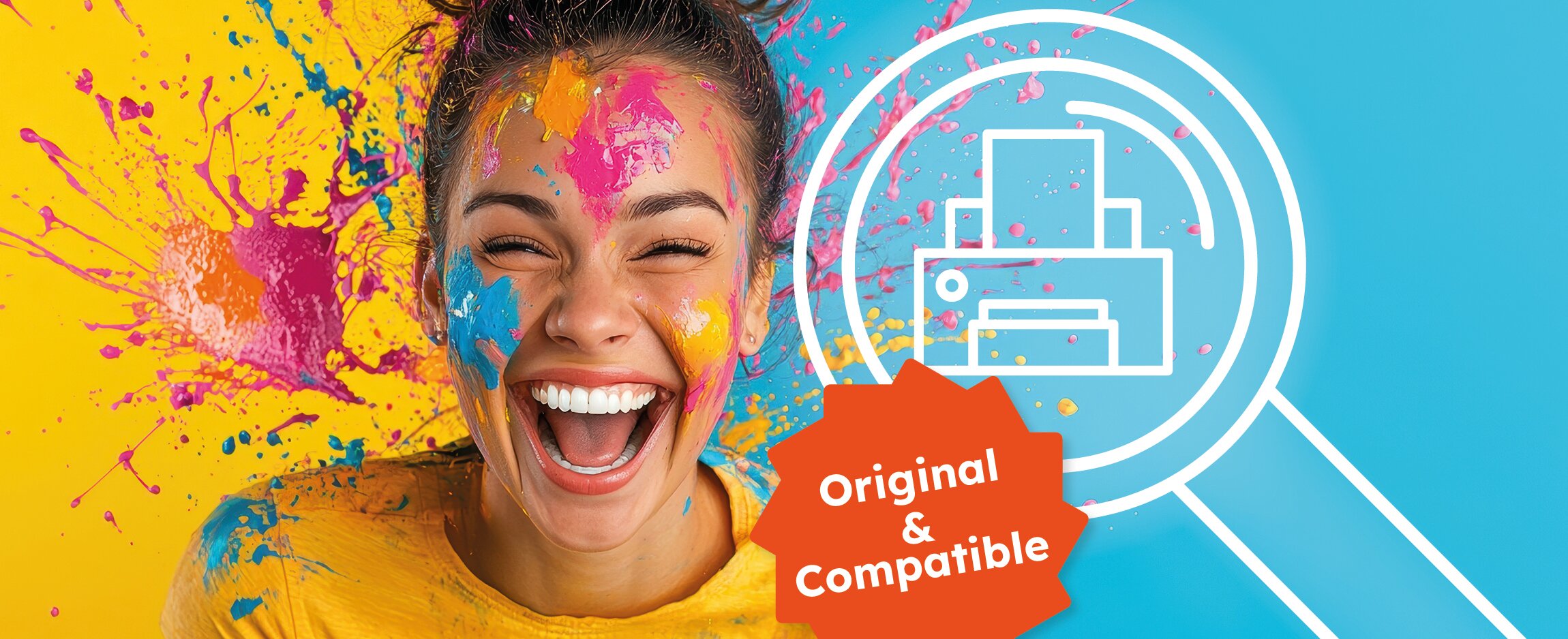 Femme souriante pleine d'éclaboussures de peinture - indication des offres d'encre et de toner, adaptées à l'imprimante, originales & compatibles.