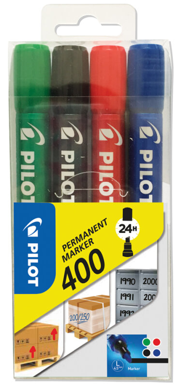 PILOT Marqueur permanent 400, pointe biseaut&eacute;, &eacute;tui de 4