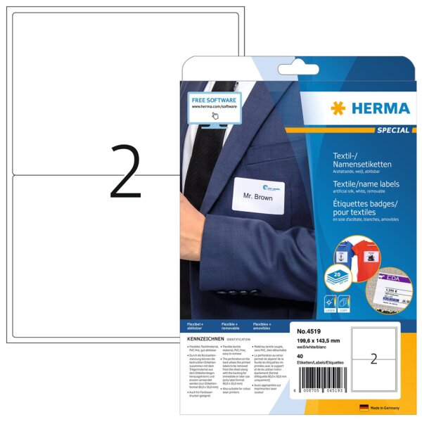 HERMA Textil- Namensetiketten SPECIAL, 199,6x143,5 mm, weiss
