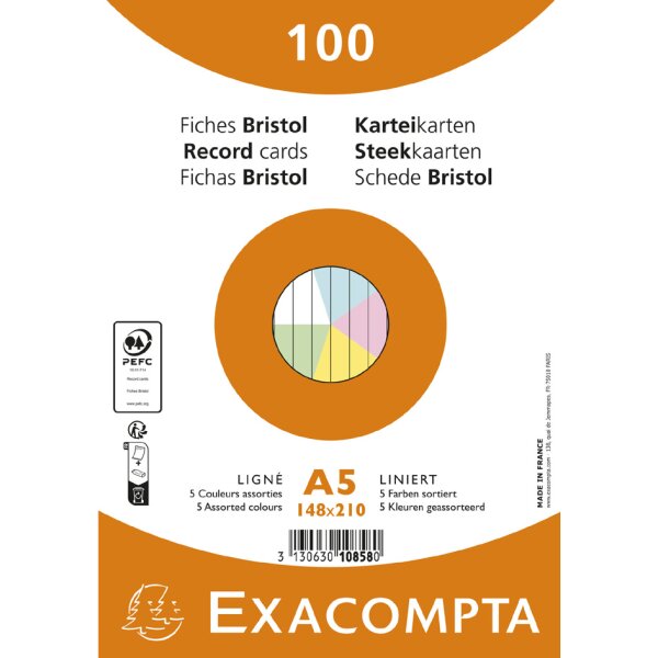 EXACOMPTA Fiches bristol, A5, ligné, rose