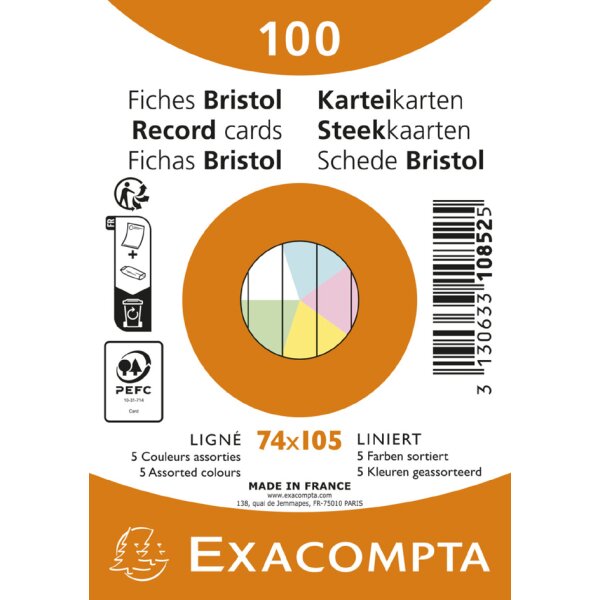 EXACOMPTA Fiches bristol, A7, ligné, bleu azur