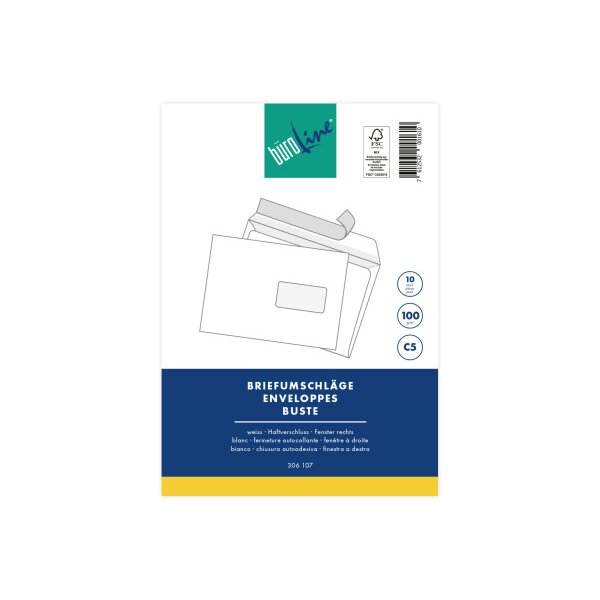 BÜROLINE Couvert m/Fenster rechts C5 104589 100g, weiss 10 Stück
