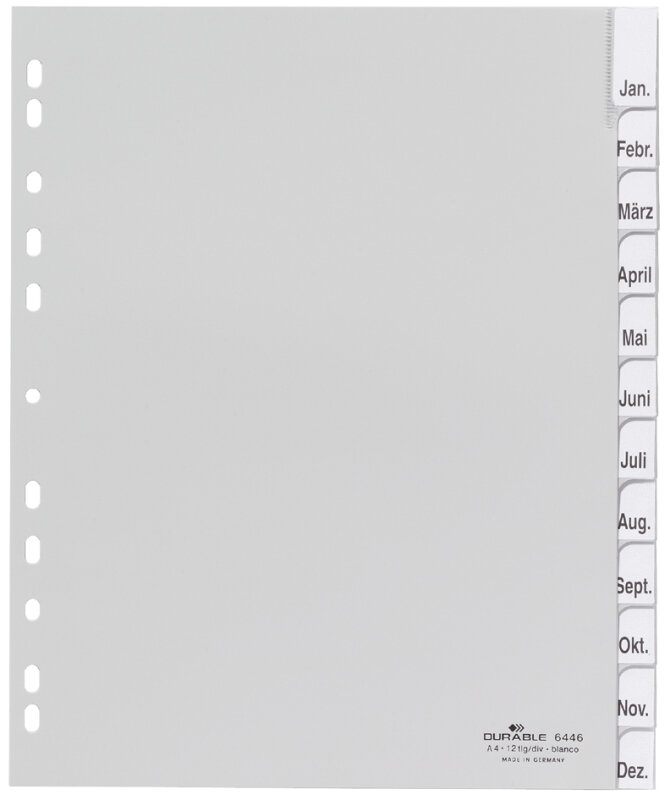 DURABLE Kunststoff-Register, A4, PP, 12-teilig, grau