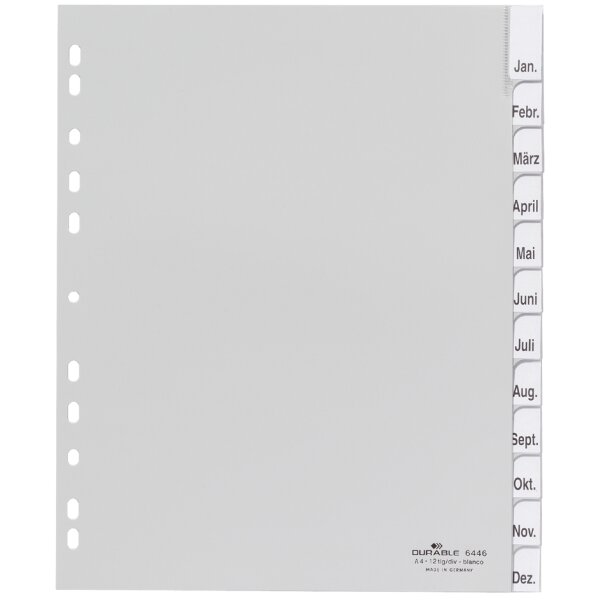 DURABLE Intercalaires mensuels plastique, A4, 12 pièces,gris