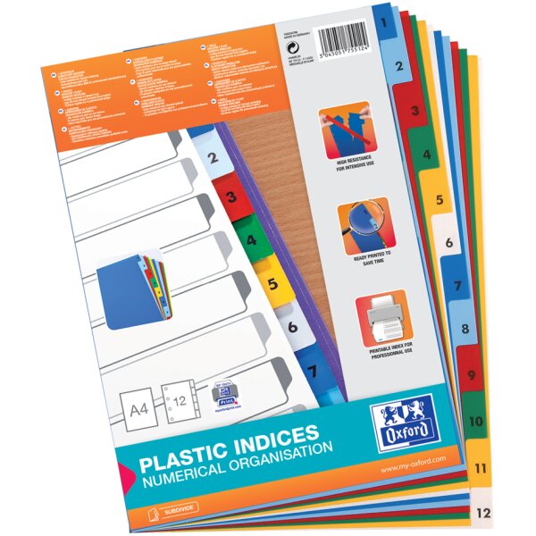 Oxford Intercalaire en plastique, A4, coloré, 12 pièces