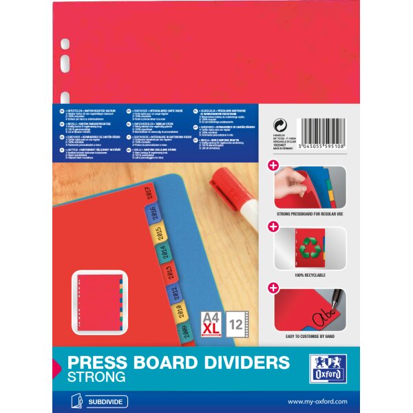 Oxford Intercalaires en carton, uni, format A4+, 6 touches