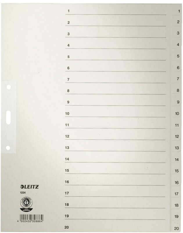 LEITZ Tauenpapier-Register, Zahlen, A4 &Uuml;berbreite, 1-10,grau