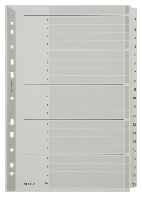 LEITZ Mylarkarton-Register, Zahlen, A4, 1-5, 5-teilig, grau