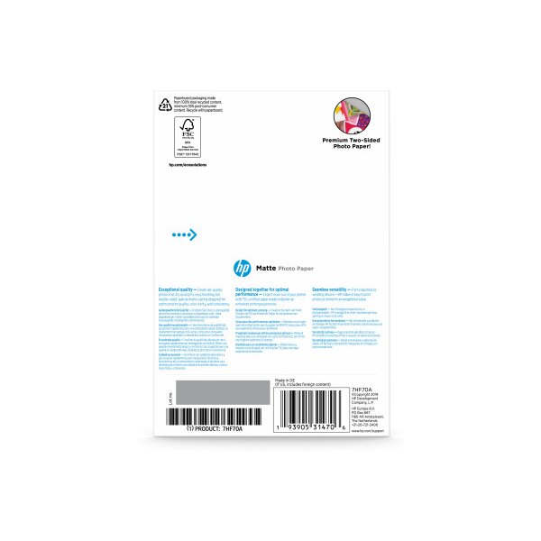 HP HP Matte Photo Paper 10x15cm 7HF70A InkJet, 180g 25 feuilles