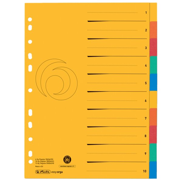 herlitz Karton-Register, A4 &Uuml;berbreite, 10-teilig, blanko