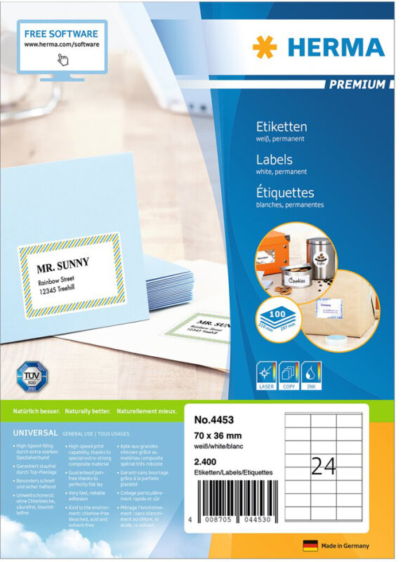 HERMA Universal-Etiketten PREMIUM, 70 x 42 mm, weiss
