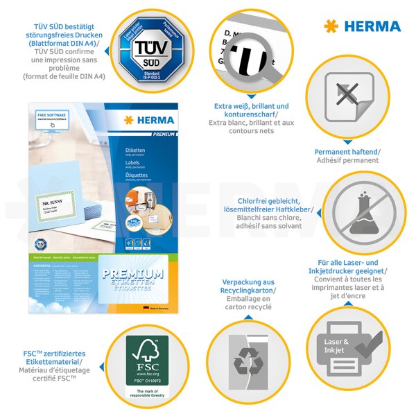HERMA Universal-Etiketten PREMIUM, 70 x 35 mm, weiss