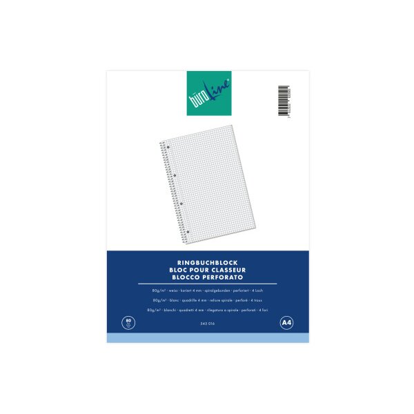 B&Uuml;ROLINE Bloc carnet &agrave; anneaux A4 545016 quadrill&eacute;, 4mm, 80g 80 flls.
