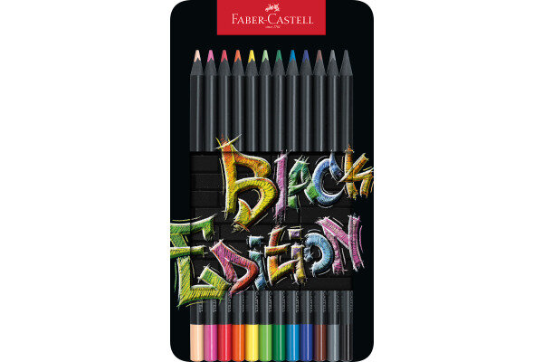 FABER-CASTELL Crayon Black Edition 116413 12 couleurs, bo&icirc;te m&eacute;tal