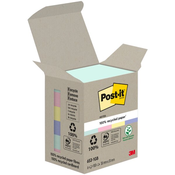 Post-it Bloc-note adhésif Recycling notes, 51x38 mm, assorti