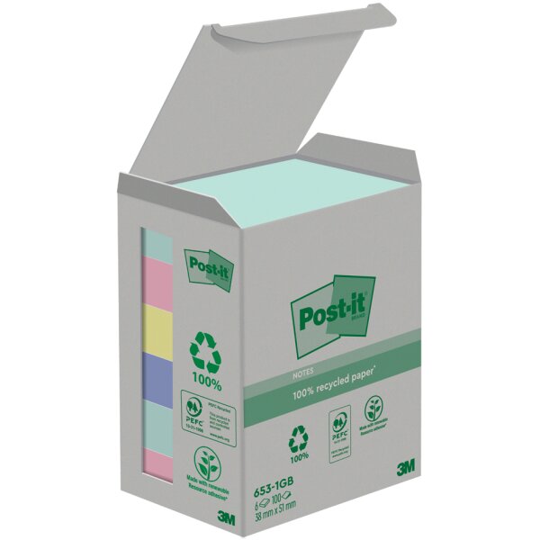 Post-it Bloc-note adhésif Recycling notes, 51x38 mm, assorti