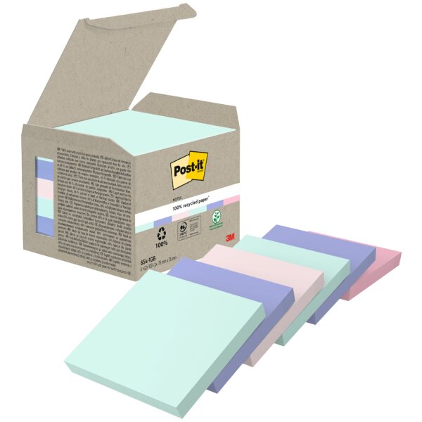 Post-it Bloc-note adhésif Recycling notes, 51x38 mm, assorti