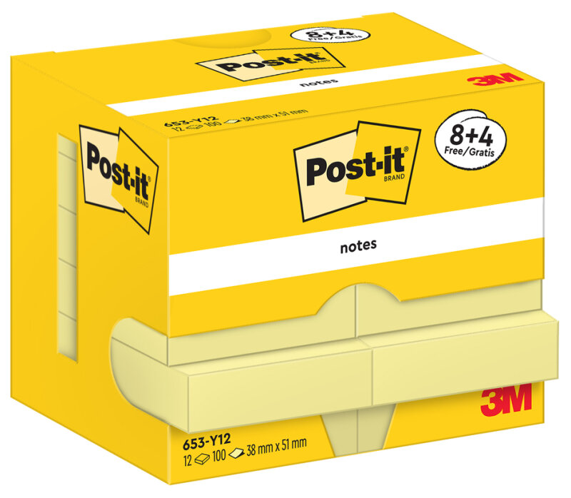 Post-it Bloc-note adh&eacute;sif, 51 x 38 mm, jaune, promotion 8+4