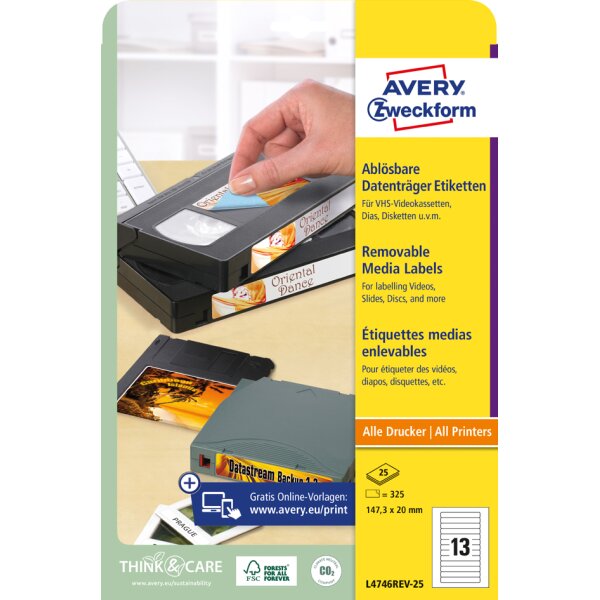 AVERY Zweckform Stick+Lift Etiketten, 147,3 x 20 mm, weiss