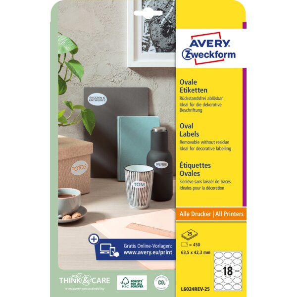 AVERY Zweckform Stick+Lift Etiquette, 63,5 x 42,3 mm, ovale