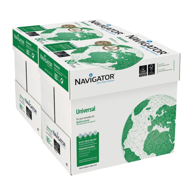 NAVIGATOR Universal Premiumpapier hochweiss A4 80g - 2 Kartons (5000 Blatt)