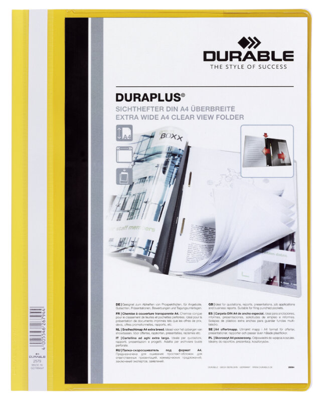 DURABLE Schnellhefter DURAPLUS, DIN A4, gelb, &uuml;berbreit