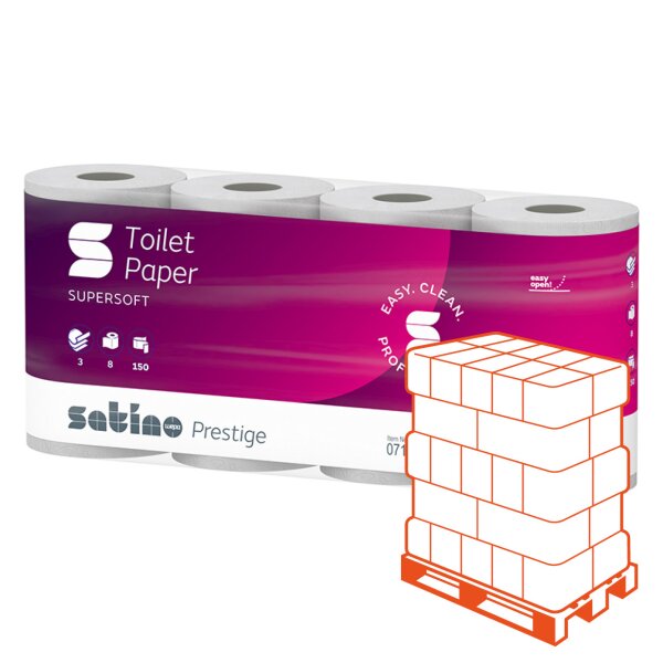 SATINO Prestige Toilettenpapier hochweiss, 3-lagig, 150 Blatt - 1 Palette (1920 Rollen)