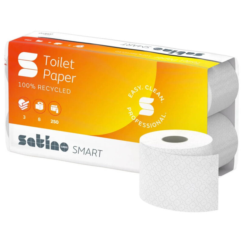 SATINO Smart Recycling Papier de toilette extra blanc, 3 couches, 250 feuilles -1/4 Palette (256 rouleaux)