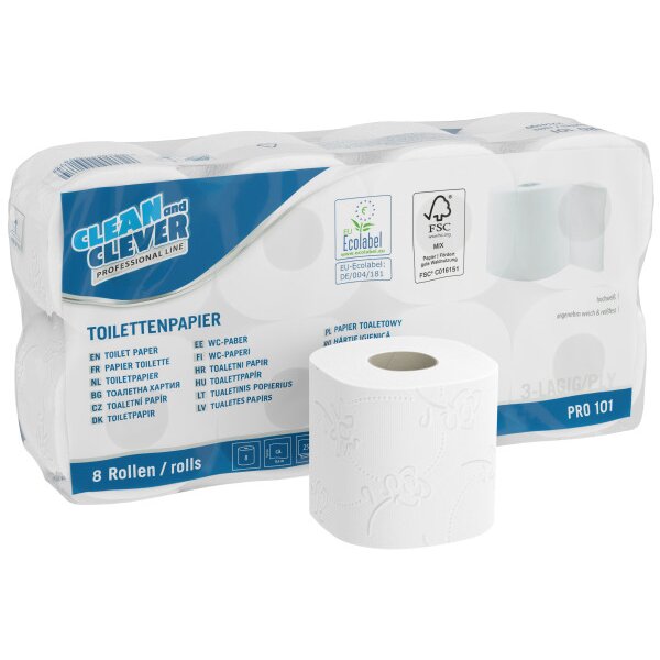CLEAN AND CLEVER Papier-toilette 3x 9.4x11cm 40021 blanc PRO101 64 rl.,250 flls.