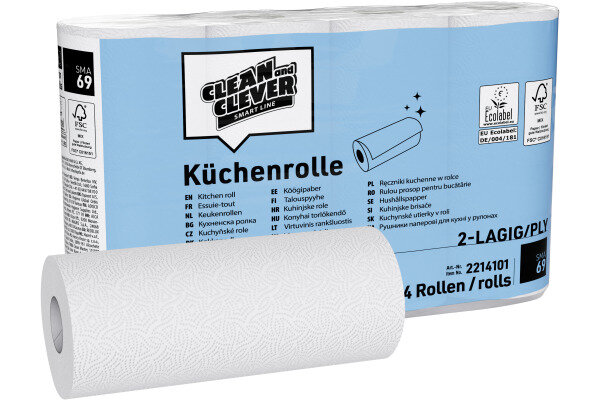 CLEAN AND CLEVER Haushaltrollen 2-lagig 23x22cm 40022 hochweiss 64 Blatt, 32 Rollen