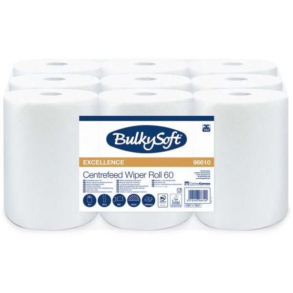 BULKYSOFT Putztuchrolle 2-lagig 60m,22cm 26255 Midi, Premium weiss 9 Rollen