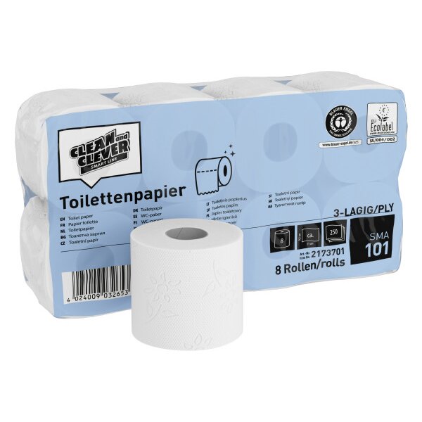 CLEAN AND CLEVER WC-Papier 3-lagig 9.4x11cm P32660 weiss recycling 64 Rl.,250 Bl.