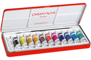 CARAN DACHE Deckfarbe Gouache 2001.312 12 Tuben Metallbox, Pinsel