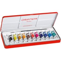 CARAN DACHE Couleur opaque Gouache 2001.312 12 tubes Metallbox, brosse