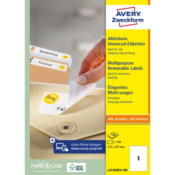 AVERY Zweckform Etiquette universelle, 210 x 297 mm, blanc