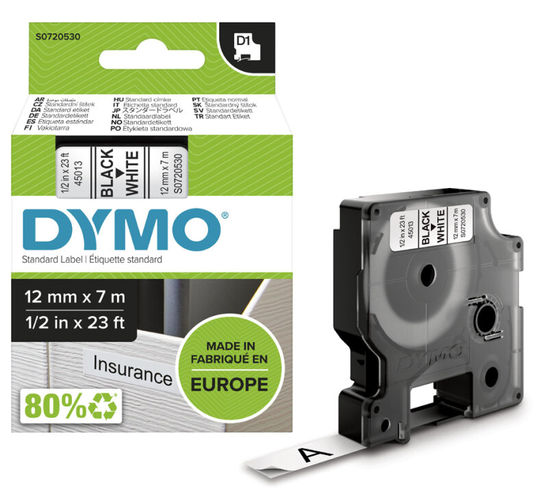DYMO D1 Schriftbandkassette schwarz weiss, 12 mm x 7 m