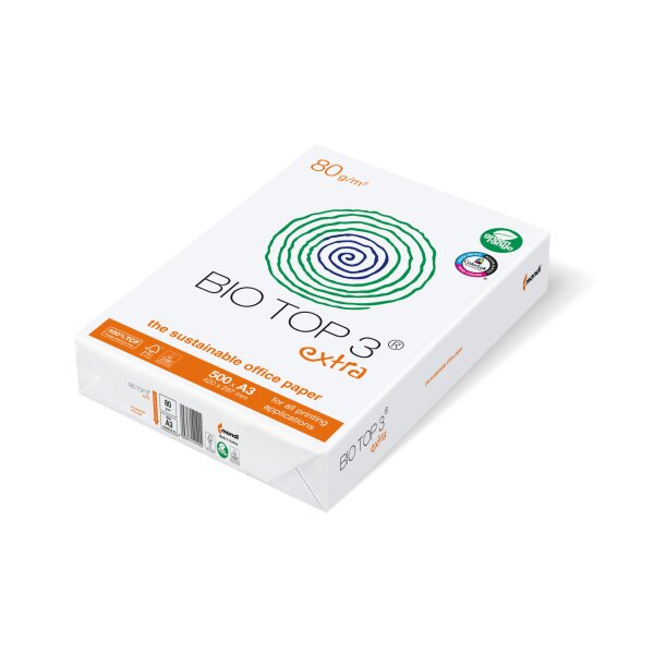 BIO TOP 3 Papier écologique blanc naturel A3 80g - 1 Palette (50000 Feuilles)